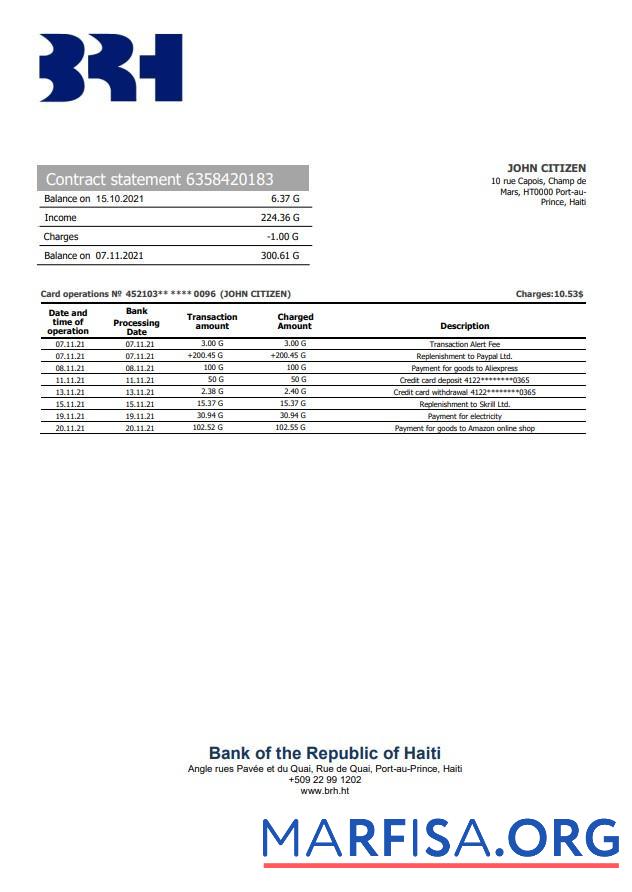 Printable Haiti BRH bank statement word sample